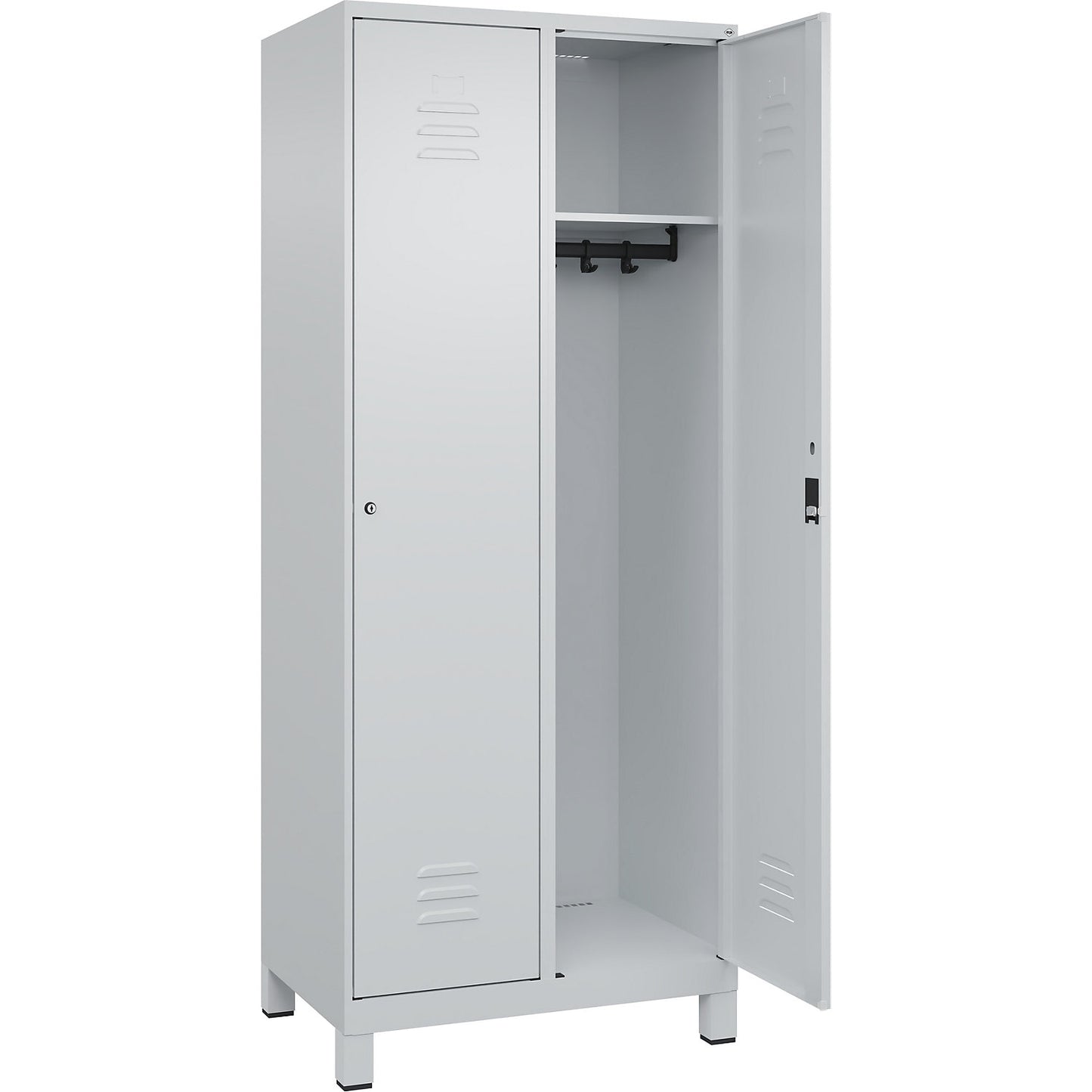 Classic PLUS clothes locker, 2 compartments, light grey, W 800 mm, with feet, cylinder lock.
