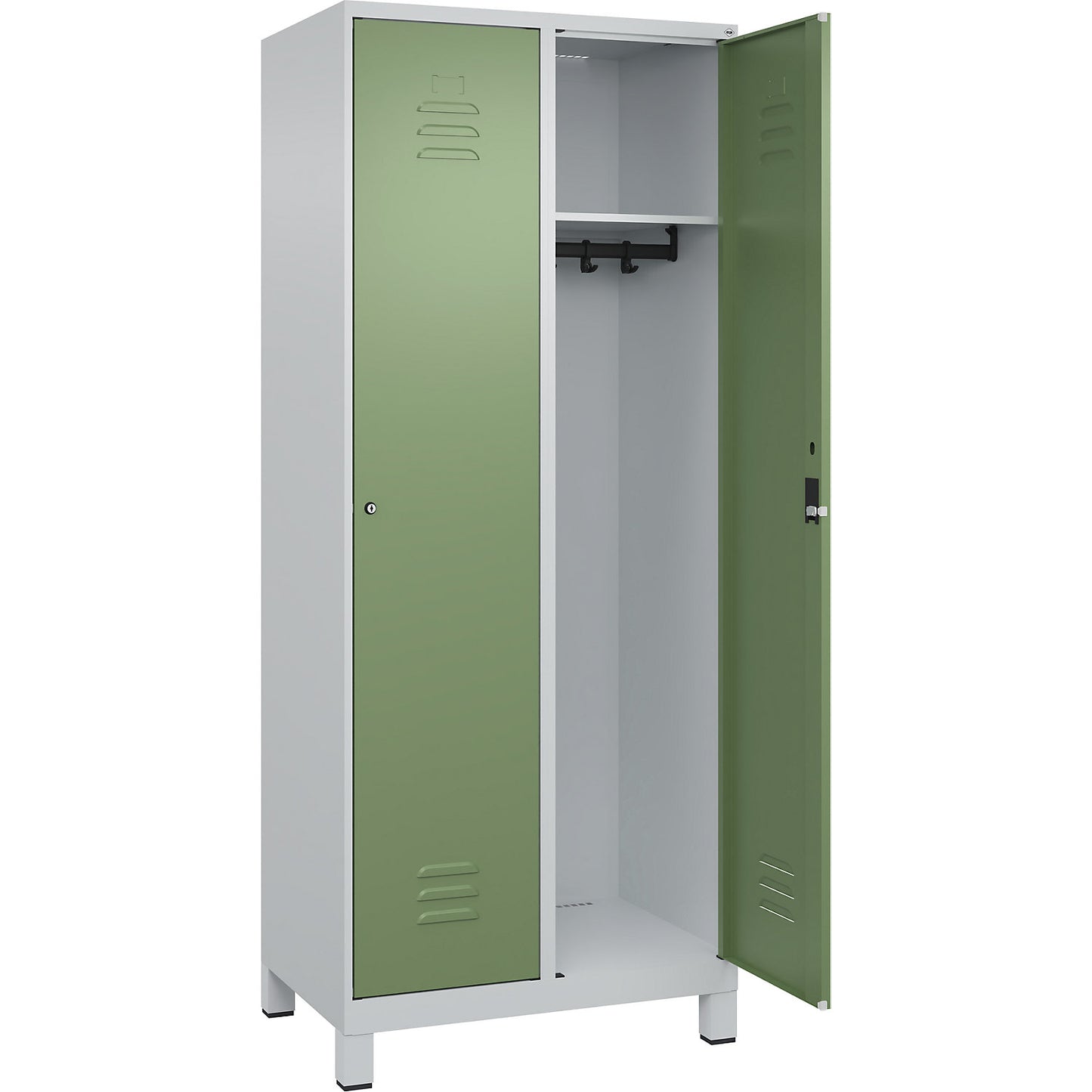 Classic PLUS clothes locker, 2 compartments, light grey/reseda green, W 800 mm, with feet, cylinder lock.