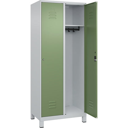 Classic PLUS clothes locker, 2 compartments, light grey/reseda green, W 800 mm, with feet, cylinder lock.