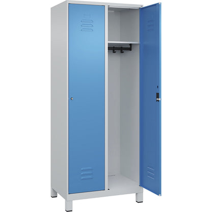 Classic PLUS clothes locker, 2 compartments, light grey/light blue, W 800 mm, with feet, cylinder lock.