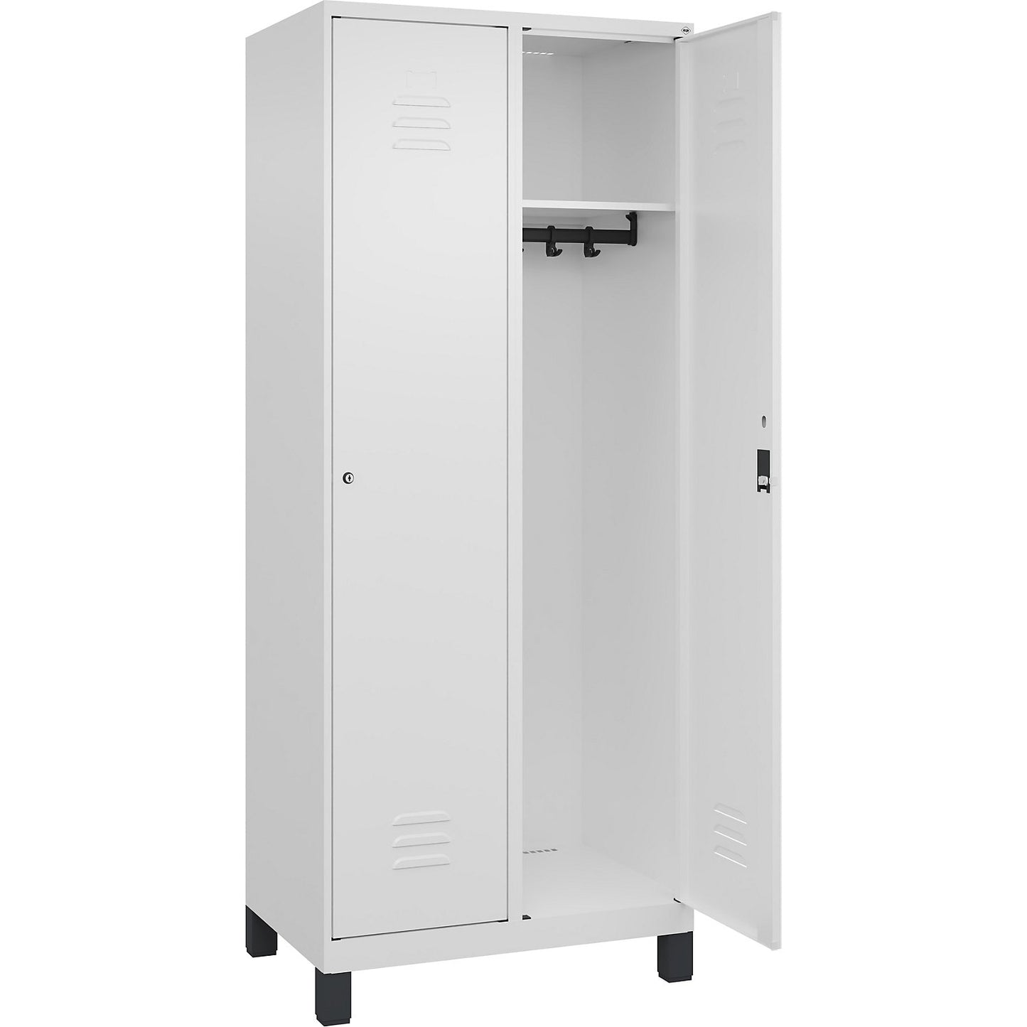 Classic PLUS clothes locker, 2 compartments, traffic white, W 800 mm, with feet, cylinder lock.