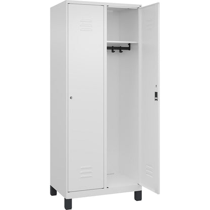 Classic PLUS clothes locker, 2 compartments, traffic white, W 800 mm, with feet, cylinder lock.
