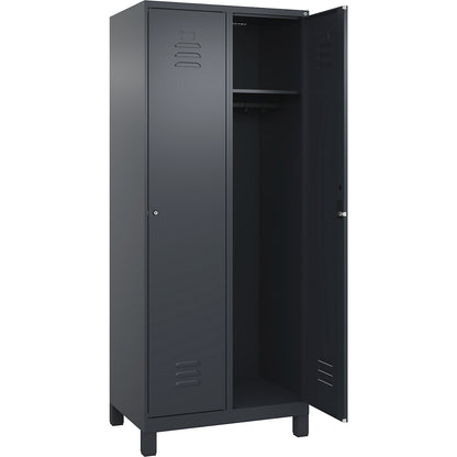 Classic PLUS clothes locker, 2 compartments, grey, W 800 mm, with feet, cylinder lock.