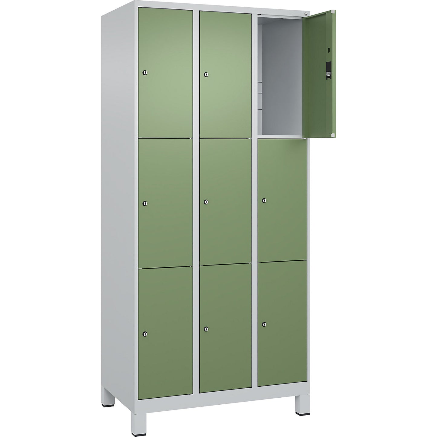 Classic PLUS 3-fold compartment locker, 3 compartments, light grey/reseda green, W 900 mm, 9 compartments, with feet.