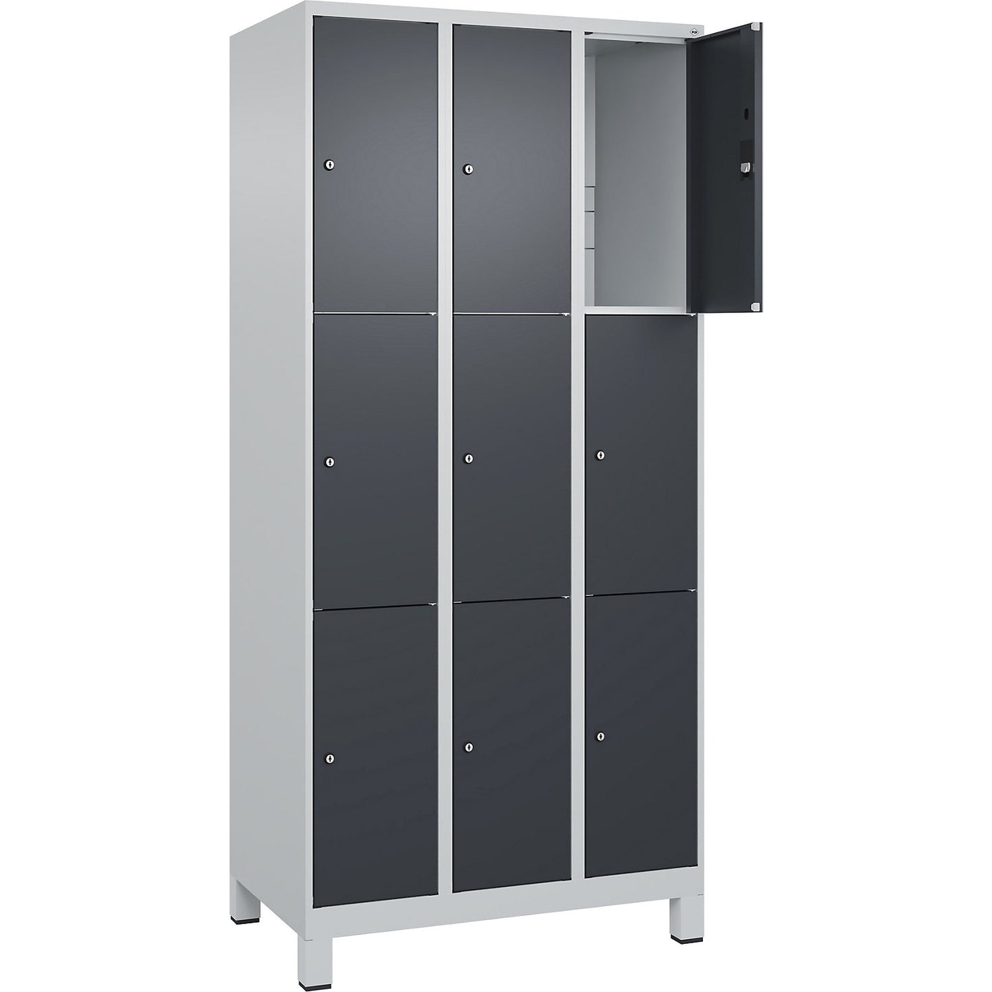 Classic PLUS 3-fold compartment locker, 3 compartments, light grey/grey, W 900 mm, 9 compartments, with feet.