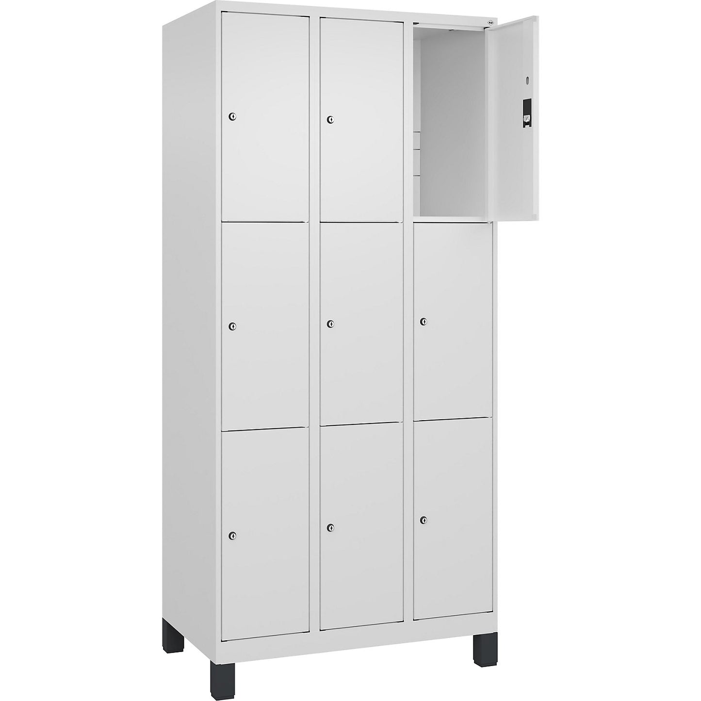 Classic PLUS 3-fold compartment locker, 3 compartments, traffic white, W 900 mm, 9 compartments, with feet.