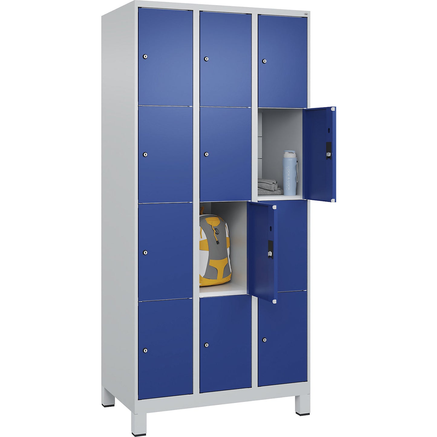 Classic PLUS 4-fold compartment locker, 3 compartments, light grey/gentian blue, W 900 mm, 12 compartments, with feet.