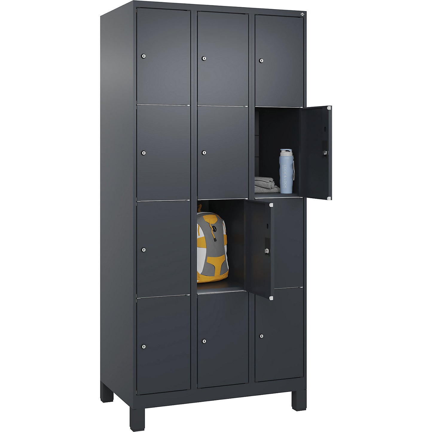 Classic PLUS 4-fold compartment locker, 3 compartments, grey, W 900 mm, 12 compartments, with feet.