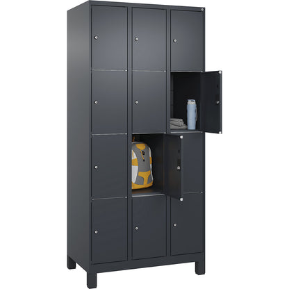 Classic PLUS 4-fold compartment locker, 3 compartments, grey, W 900 mm, 12 compartments, with feet.