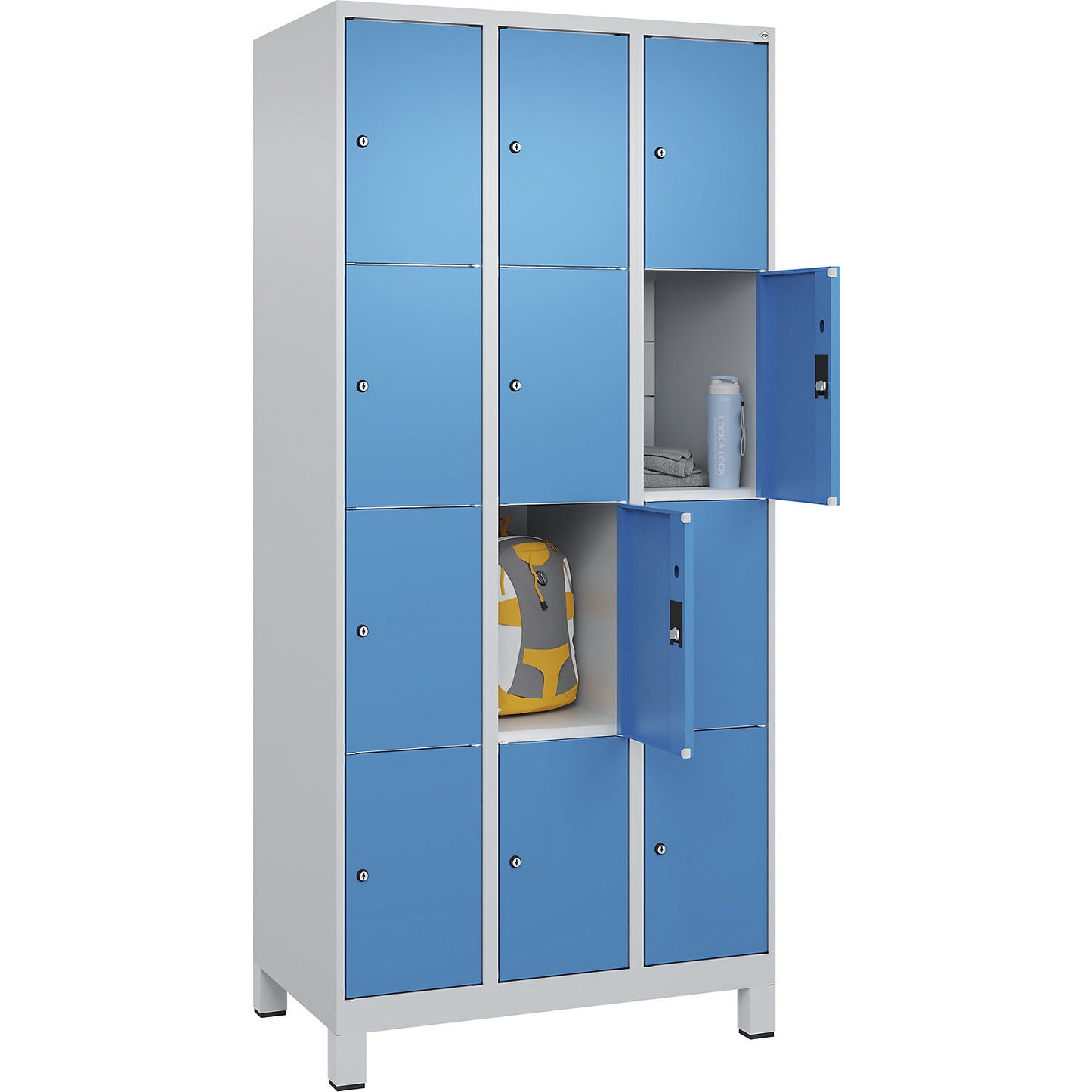 Classic PLUS 4-fold compartment locker, 3 compartments, light grey/light blue, W 900 mm, 12 compartments, with feet.