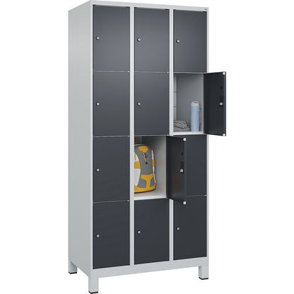 Classic PLUS 4-fold compartment locker, 3 compartments, light grey/grey, W 900 mm, 12 compartments, with feet.