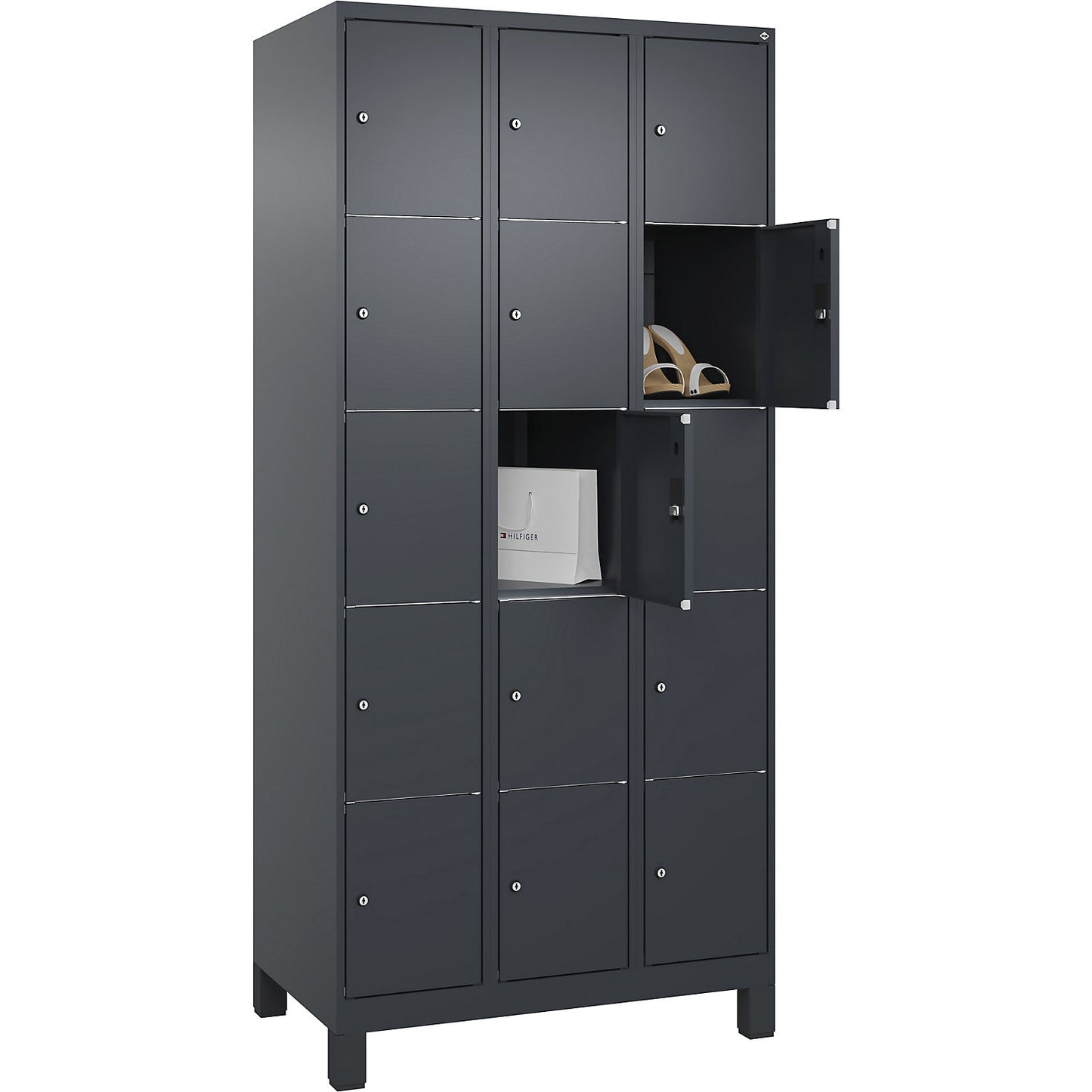 Classic PLUS 5-fold compartment locker, 3 compartments, grey, W 900 mm, 15 compartments, with feet.