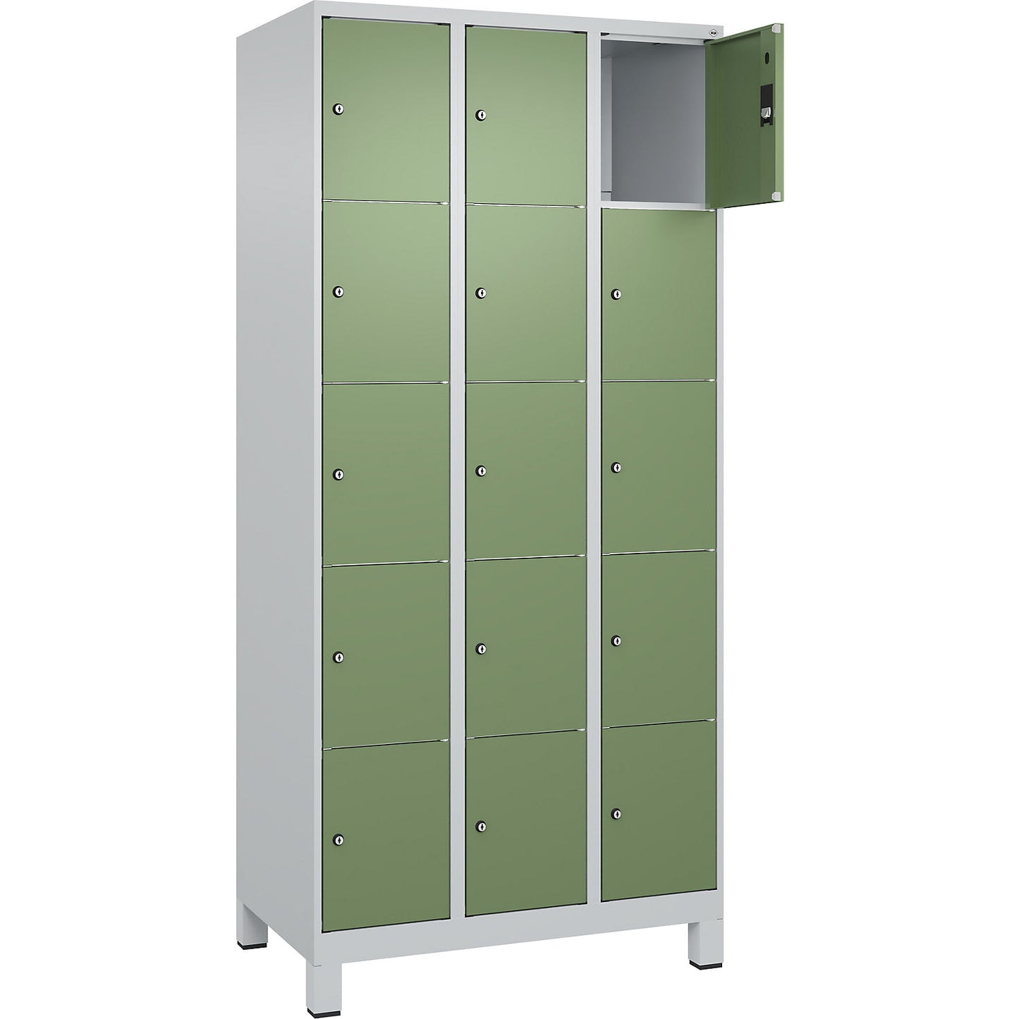 Classic PLUS 5-fold compartment locker, 3 compartments, light grey/reseda green, W 900 mm, 15 compartments, with feet.