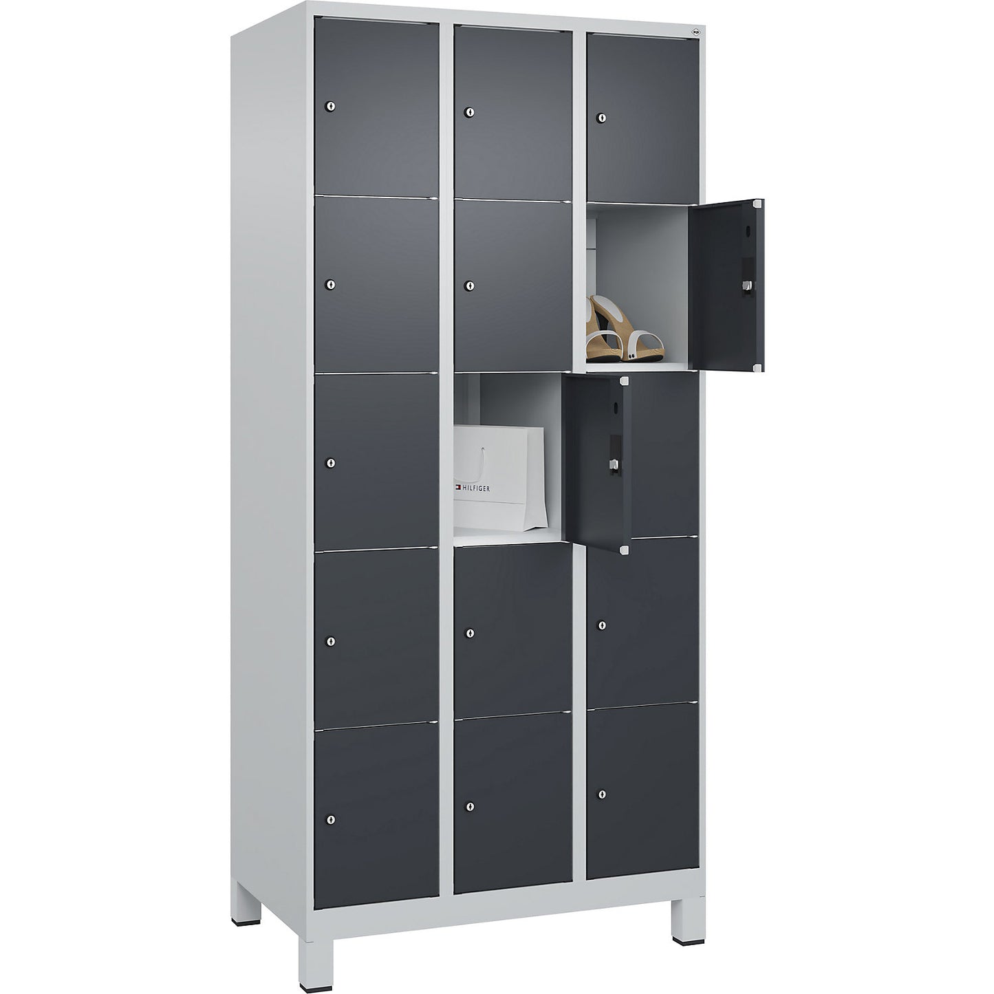 Classic PLUS 5-fold compartment locker, 3 compartments, light grey/grey, W 900 mm, 15 compartments, with feet.