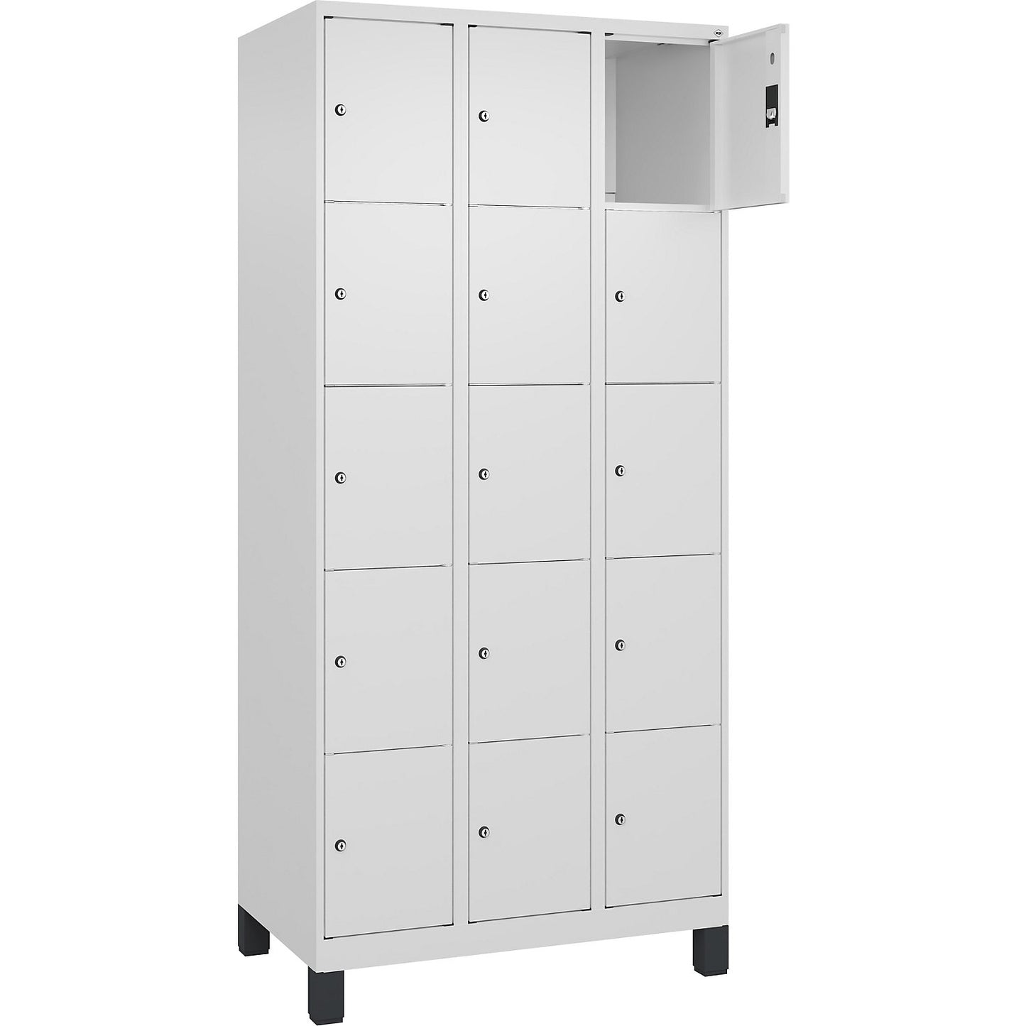 Classic PLUS 5-fold compartment locker, 3 compartments, traffic white, W 900 mm, 15 compartments, with feet.