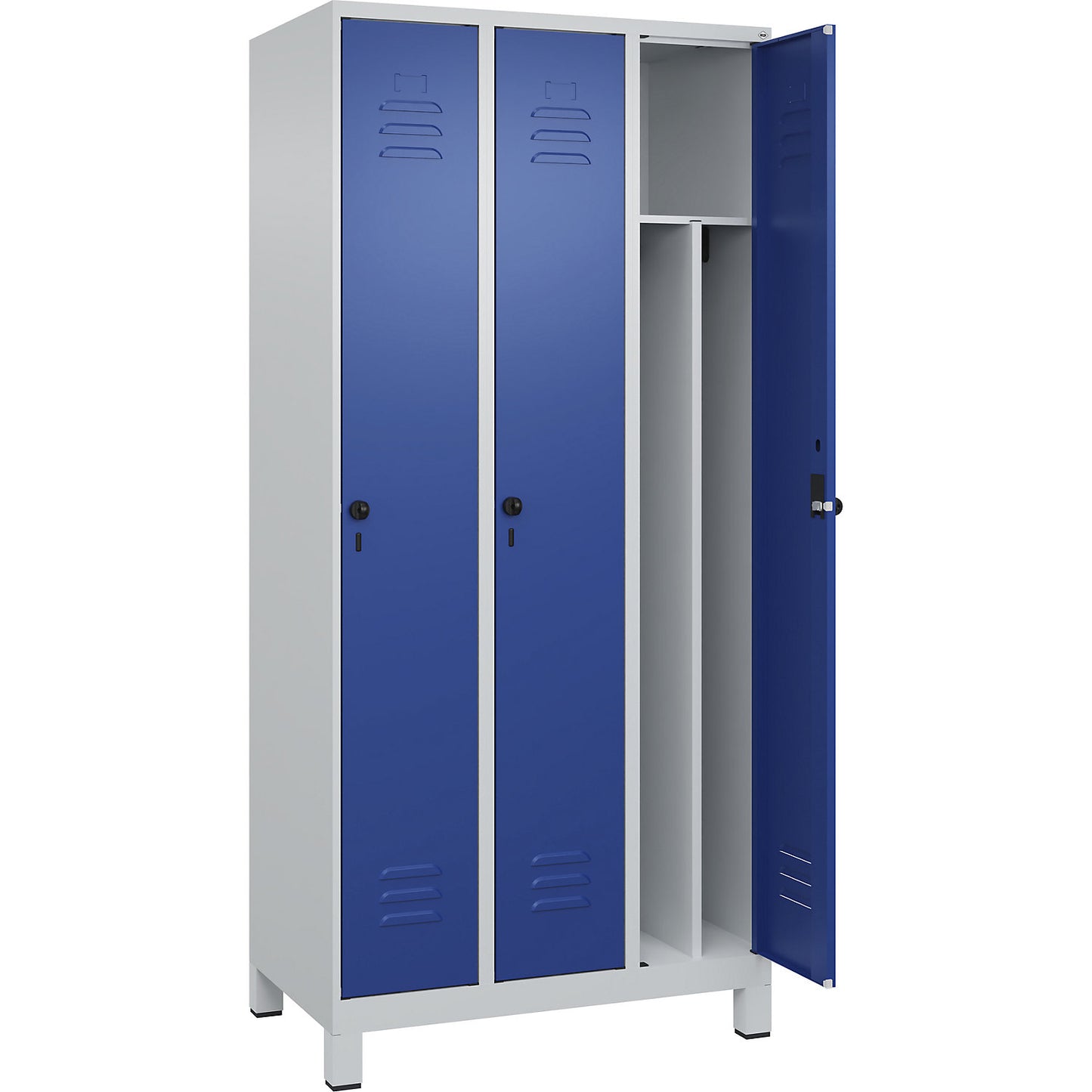 Classic PLUS clean and dirty clothes locker, narrow, 3 compartments, shortened centre divider, light grey/gentian blue, W 900 mm, with feet, rotary bolt, centre partition.
