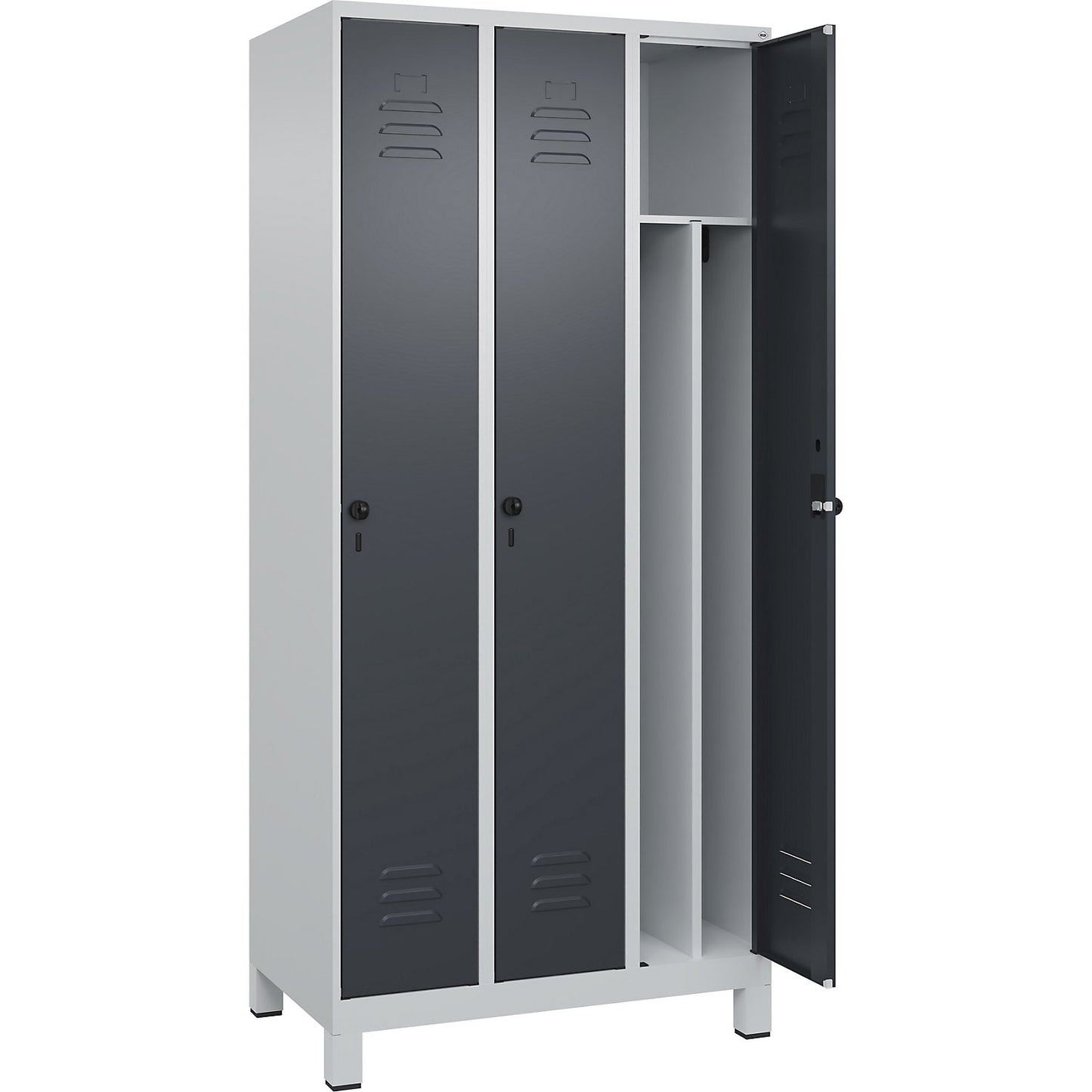 Classic PLUS clean and dirty clothes locker, narrow, 3 compartments, shortened centre divider, light grey/grey, W 900 mm, with feet, rotary bolt, centre partition.