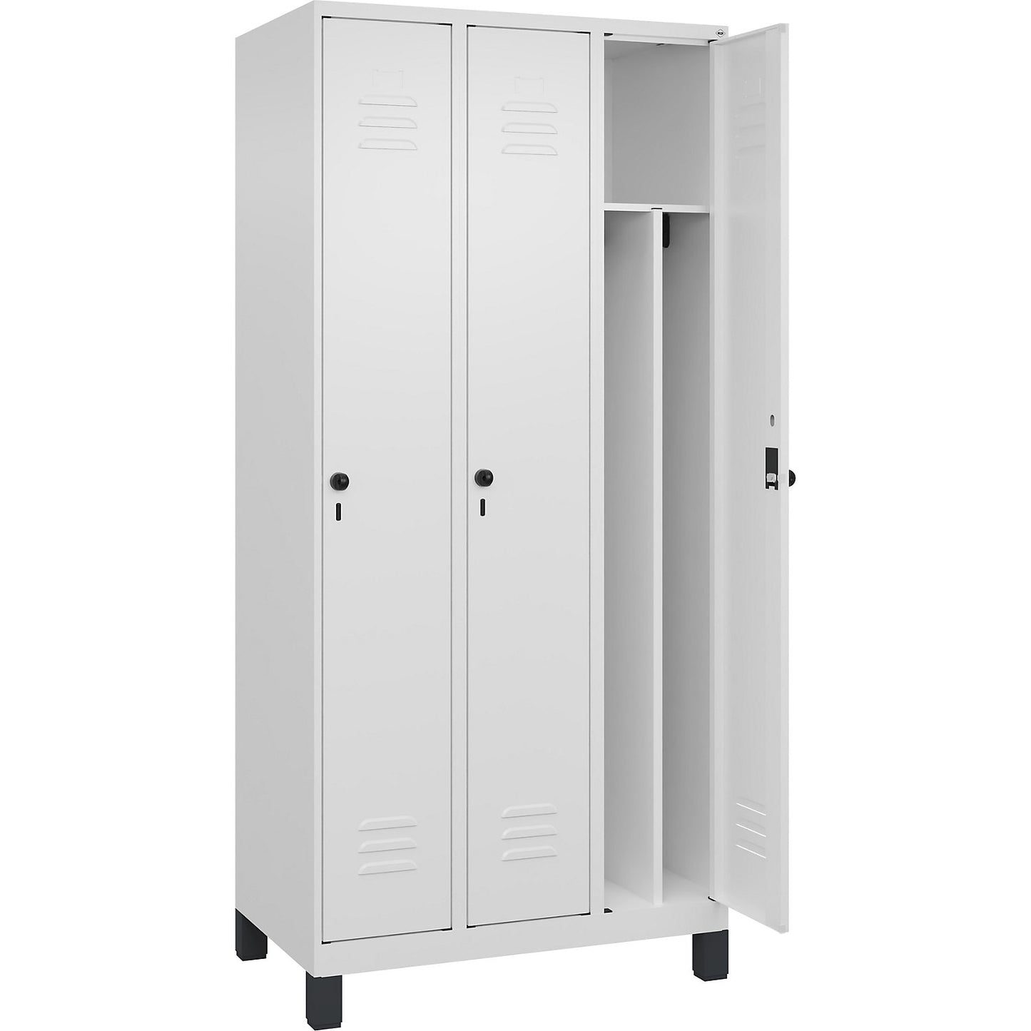 Classic PLUS clean and dirty clothes locker, narrow, 3 compartments, shortened centre divider, traffic white, W 900 mm, with feet, rotary bolt, centre partition.