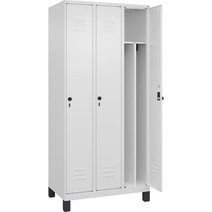 Classic PLUS clean and dirty clothes locker, narrow, 3 compartments, shortened centre divider, traffic white, W 900 mm, with feet, rotary bolt, centre partition.