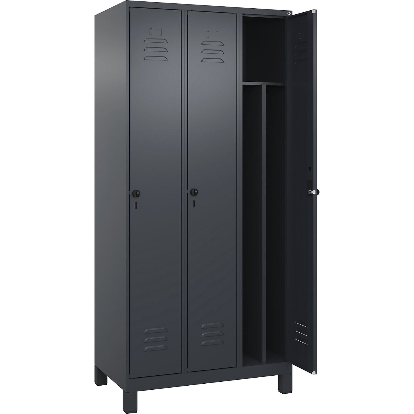 Classic PLUS clean and dirty clothes locker, narrow, 3 compartments, shortened centre divider, grey, W 900 mm, with feet, rotary bolt, centre partition.