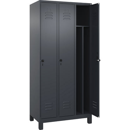 Classic PLUS clean and dirty clothes locker, narrow, 3 compartments, shortened centre divider, grey, W 900 mm, with feet, rotary bolt, centre partition.