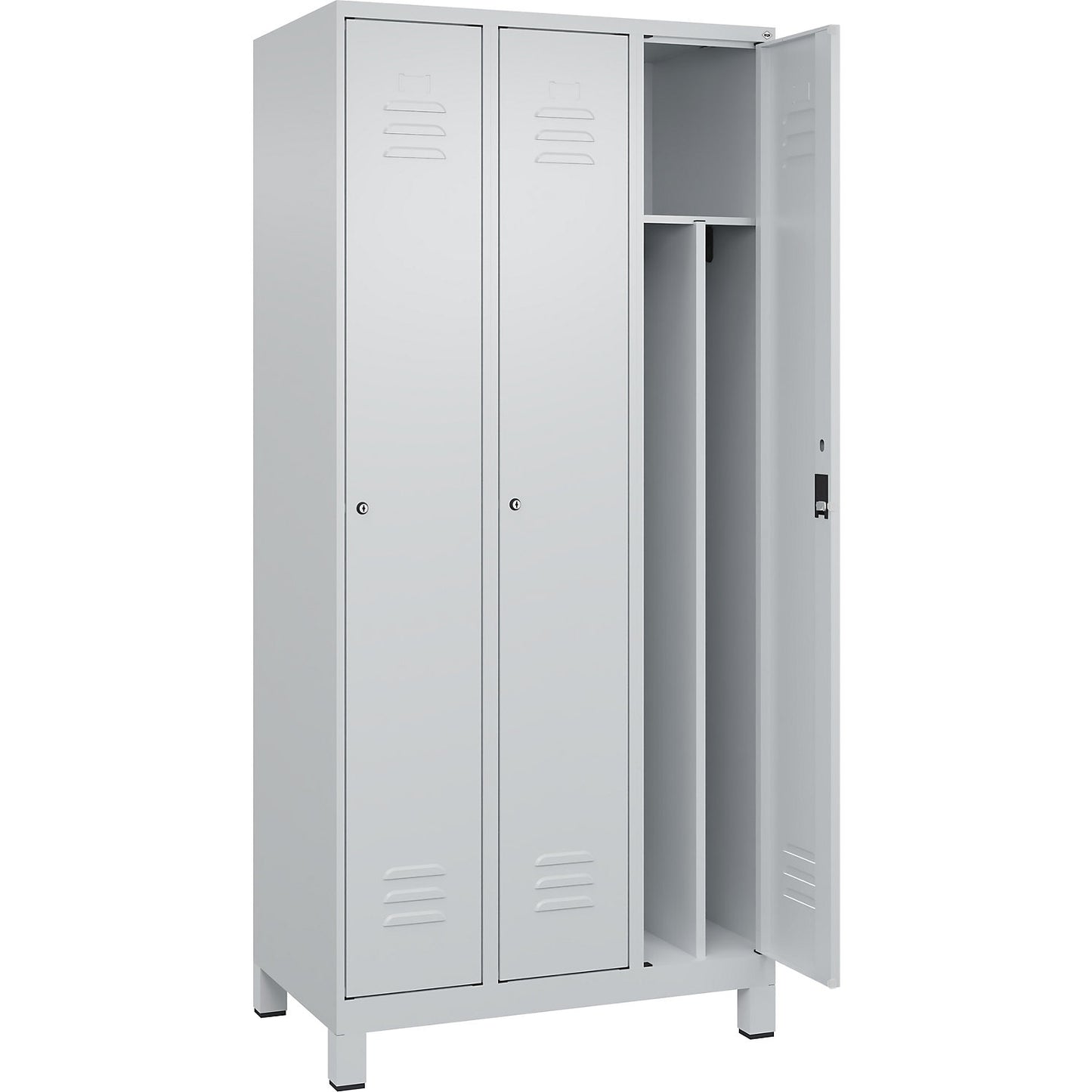 Classic PLUS clean and dirty clothes locker, narrow, 3 compartments, shortened centre divider, light grey, W 900 mm, with feet, cylinder lock, centre partition.