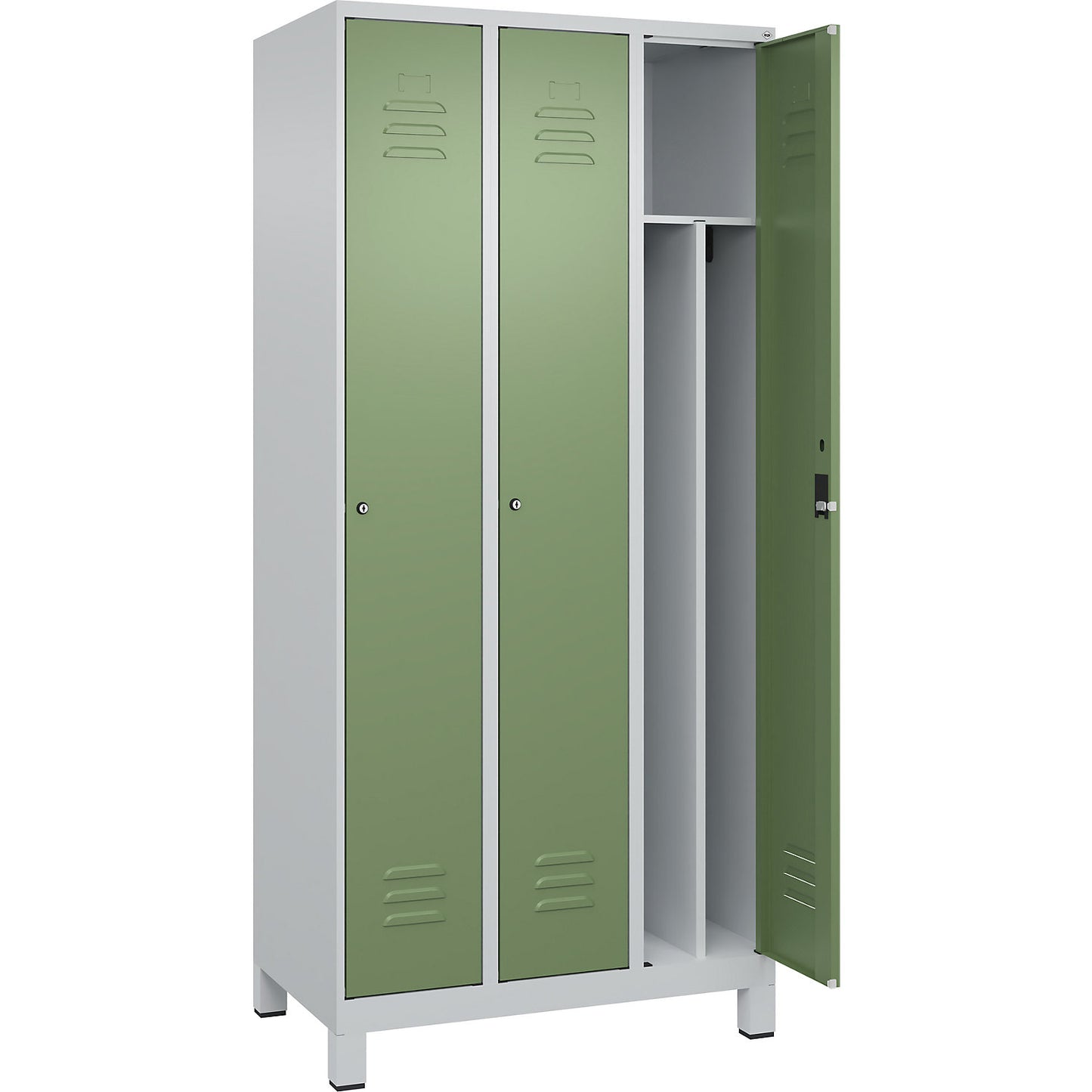 Classic PLUS clean and dirty clothes locker, narrow, 3 compartments, shortened centre divider, light grey/reseda green, W 900 mm, with feet, cylinder lock, centre partition.