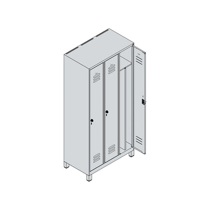 Classic PLUS clean and dirty clothes locker, narrow, 3 compartments, shortened centre divider, light grey/grey, W 900 mm, with feet, rotary bolt, centre partition.