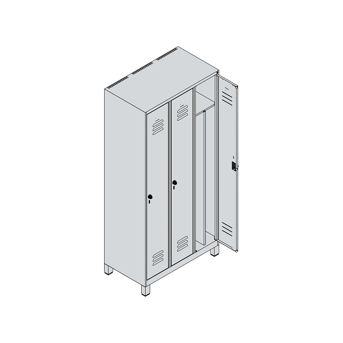 Classic PLUS clean and dirty clothes locker, narrow, 3 compartments, shortened centre divider, light grey/gentian blue, W 900 mm, with feet, rotary bolt, centre partition.