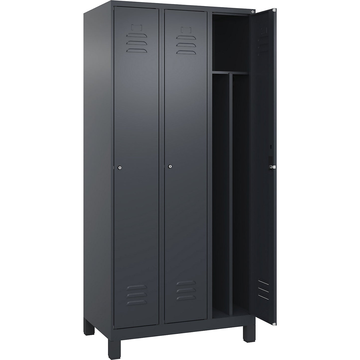 Classic PLUS clean and dirty clothes locker, narrow, 3 compartments, shortened centre divider, grey, W 900 mm, with feet, cylinder lock, centre partition.