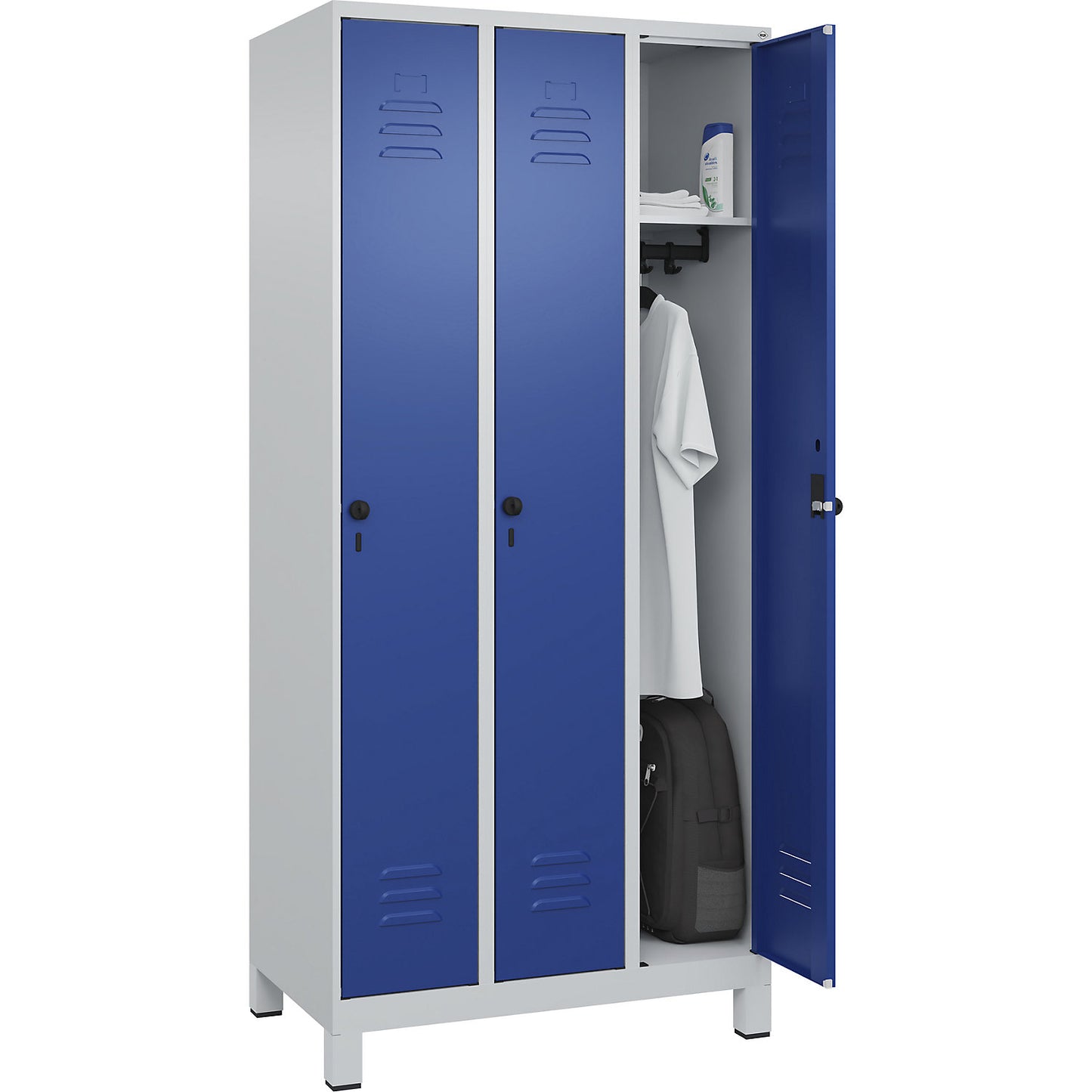 Classic PLUS clothes locker, 3 compartments, light grey/gentian blue, W 900 mm, with feet, rotary bolt.
