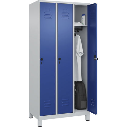 Classic PLUS clothes locker, 3 compartments, light grey/gentian blue, W 900 mm, with feet, rotary bolt.