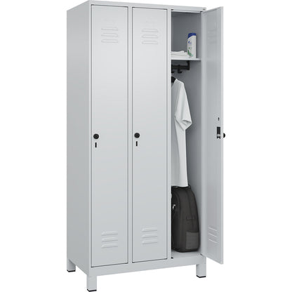 Classic PLUS clothes locker, 3 compartments, light grey, W 900 mm, with feet, rotary bolt.