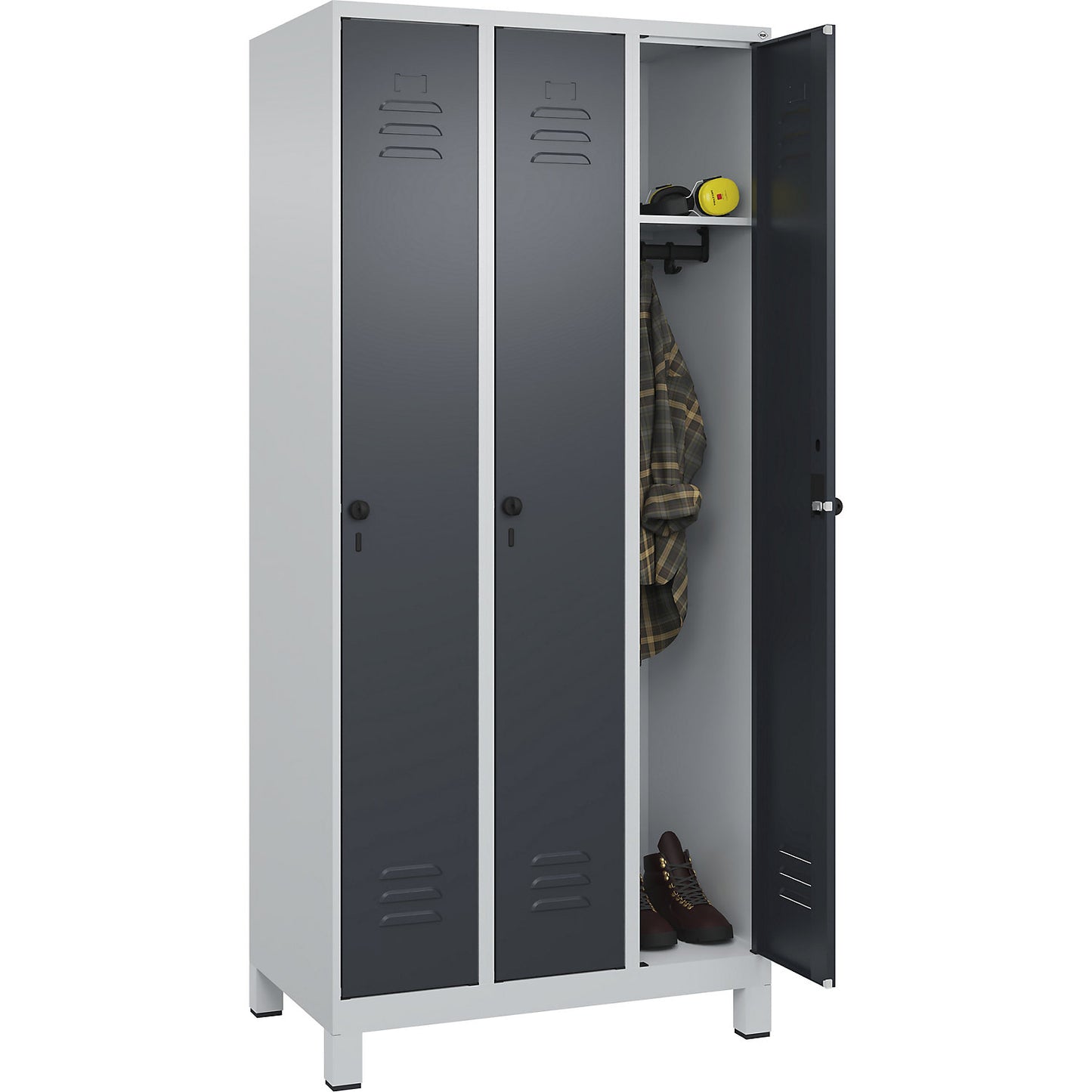 Classic PLUS clothes locker, 3 compartments, light grey/grey, W 900 mm, with feet, rotary bolt.
