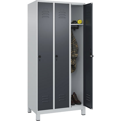 Classic PLUS clothes locker, 3 compartments, light grey/grey, W 900 mm, with feet, rotary bolt.