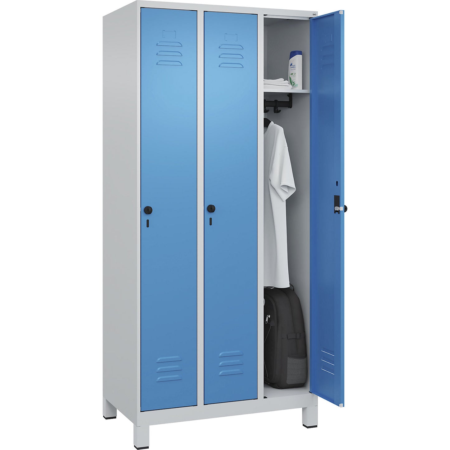 Classic PLUS clothes locker, 3 compartments, light grey/light blue, W 900 mm, with feet, rotary bolt.