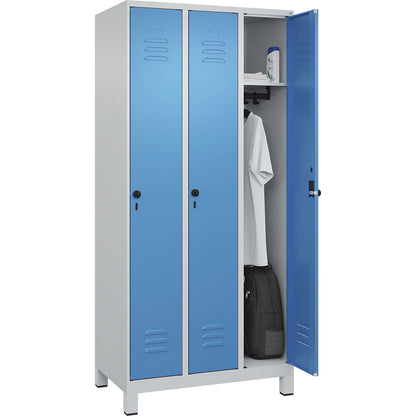 Classic PLUS clothes locker, 3 compartments, light grey/light blue, W 900 mm, with feet, rotary bolt.