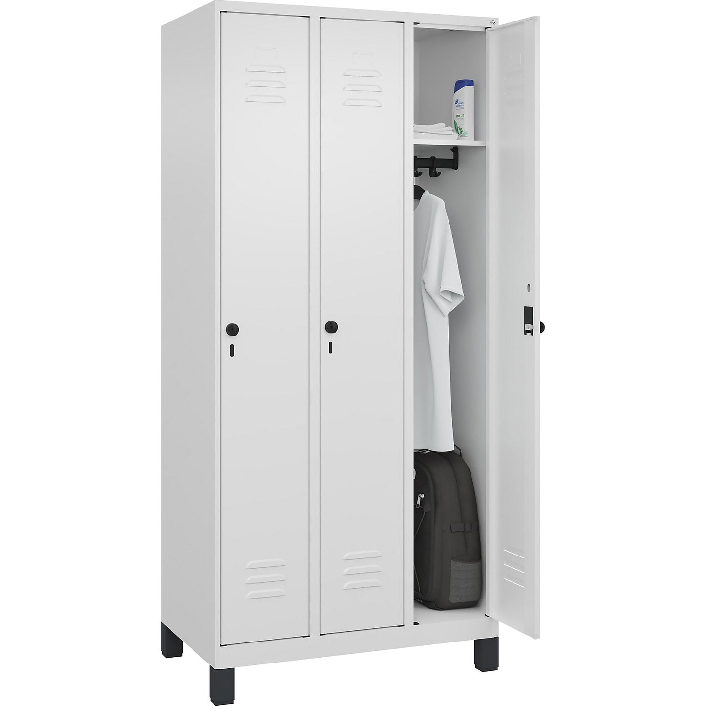 Classic PLUS clothes locker, 3 compartments, traffic white, W 900 mm, with feet, rotary bolt.