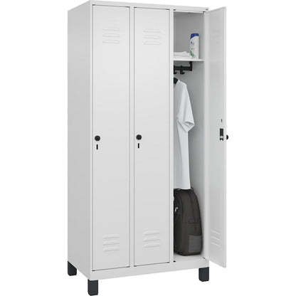 Classic PLUS clothes locker, 3 compartments, traffic white, W 900 mm, with feet, rotary bolt.