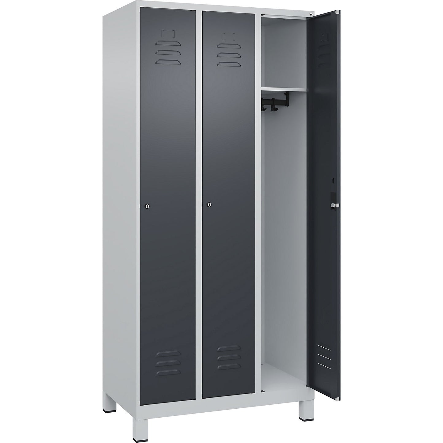 Classic PLUS clothes locker, 3 compartments, light grey/grey, W 900 mm, with feet, cylinder lock.