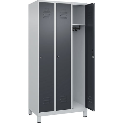 Classic PLUS clothes locker, 3 compartments, light grey/grey, W 900 mm, with feet, cylinder lock.