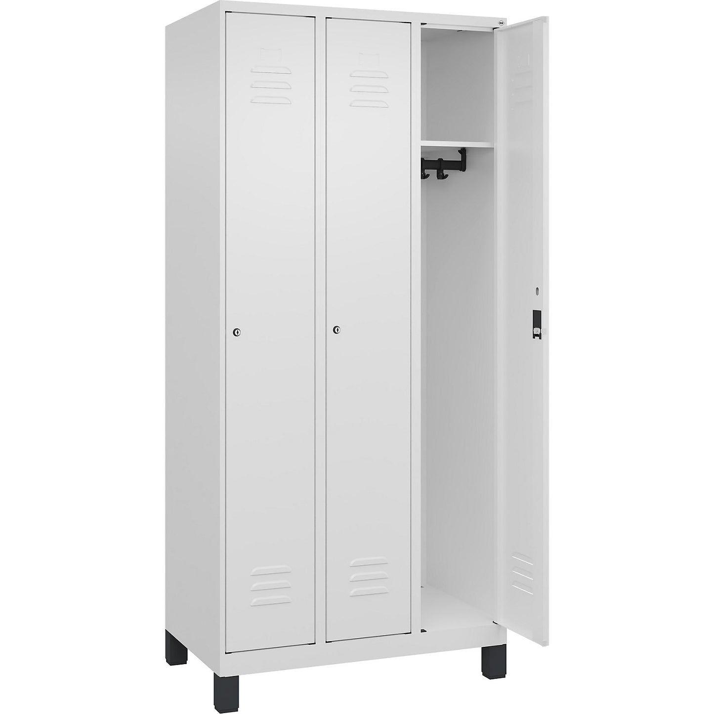 Classic PLUS clothes locker, 3 compartments, traffic white, W 900 mm, with feet, cylinder lock.
