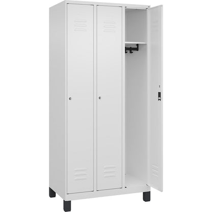 Classic PLUS clothes locker, 3 compartments, traffic white, W 900 mm, with feet, cylinder lock.