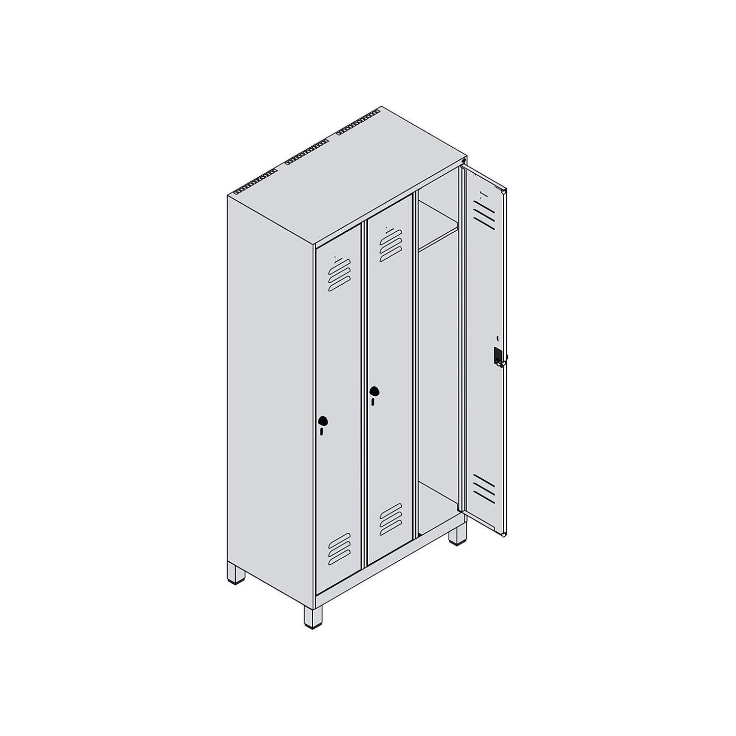 Classic PLUS clothes locker, 3 compartments, light grey/gentian blue, W 900 mm, with feet, rotary bolt.