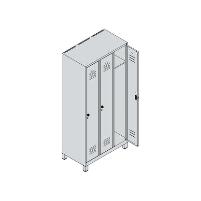 Classic PLUS clothes locker, 3 compartments, light grey/gentian blue, W 900 mm, with feet, rotary bolt.