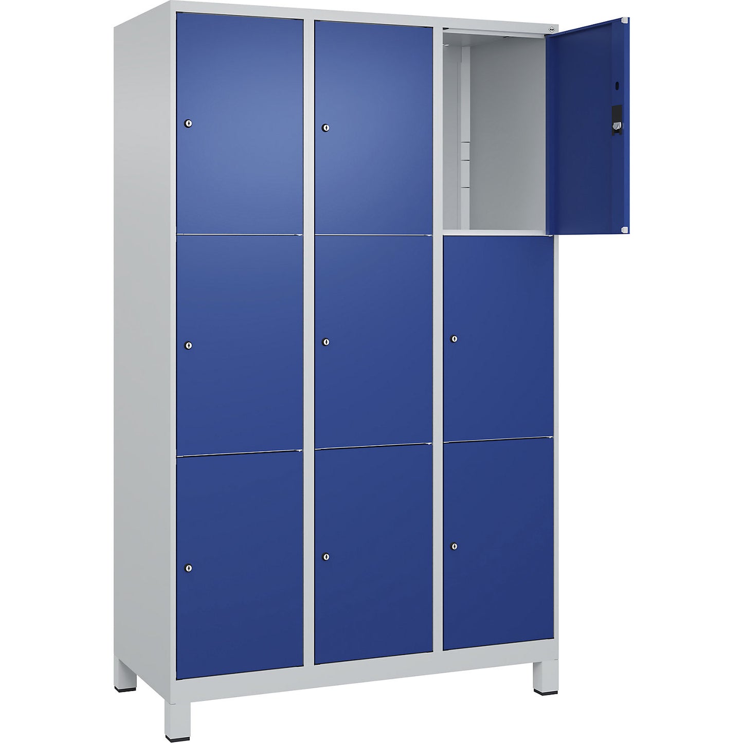 Classic PLUS 3-fold compartment locker, 3 compartments, light grey/gentian blue, W 1200 mm, 9 compartments, with feet.