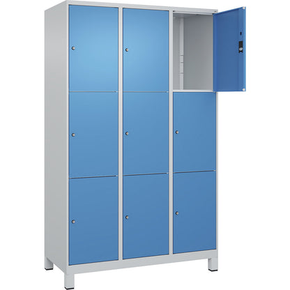 Classic PLUS 3-fold compartment locker, 3 compartments, light grey/light blue, W 1200 mm, 9 compartments, with feet.