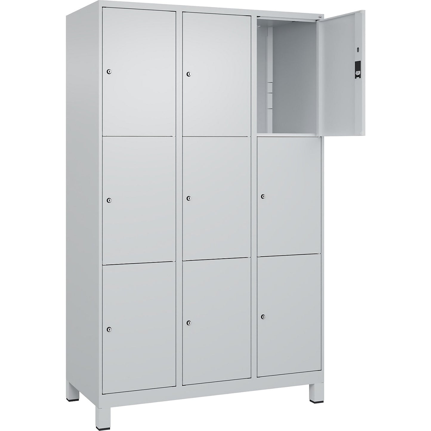 Classic PLUS 3-fold compartment locker, 3 compartments, light grey, W 1200 mm, 9 compartments, with feet.