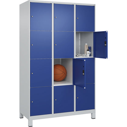 Classic PLUS 4-fold compartment locker, 3 compartments, light grey/gentian blue, W 1200 mm, 12 compartments, with feet.