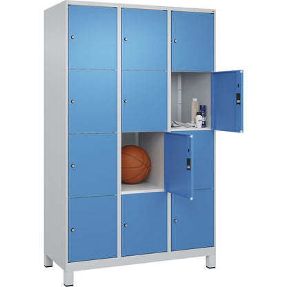 Classic PLUS 4-fold compartment locker, 3 compartments, light grey/light blue, W 1200 mm, 12 compartments, with feet.